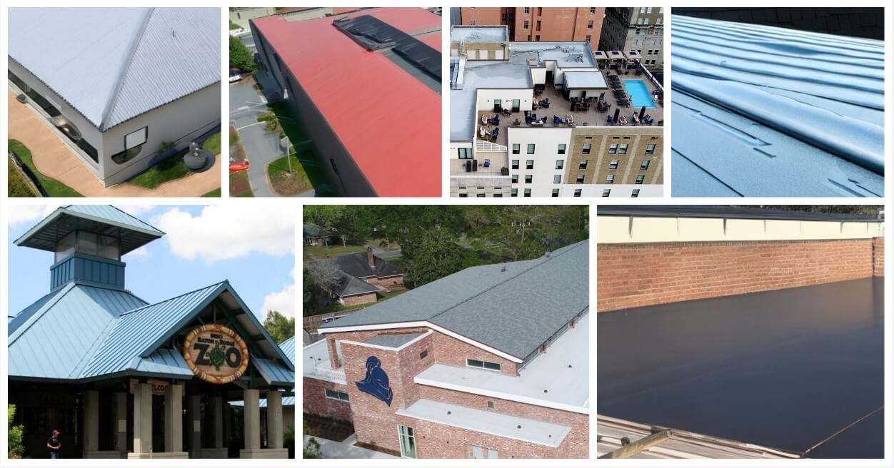 Various types of commercial roofing materials in a collage.