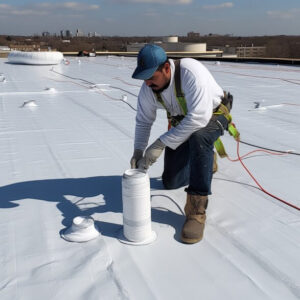 Roofing specialist inspecting during a commercial roof maintenance